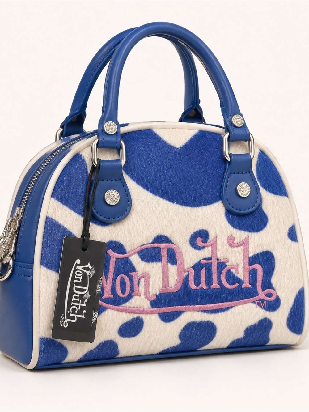 Von Dutch Blue & White Cowprint Mini Satchel with Pink Logo